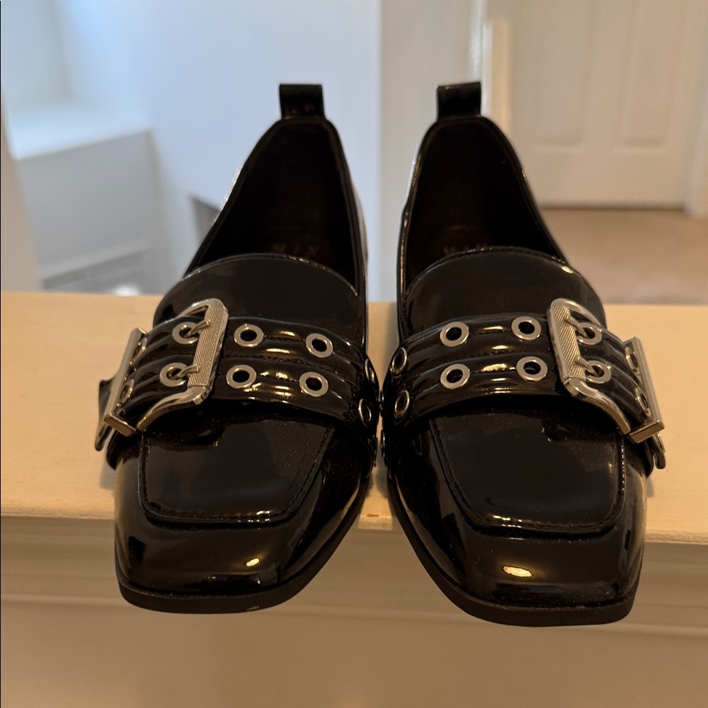 Mix No. 6 Shiny Black Loafers with Silver Buckle